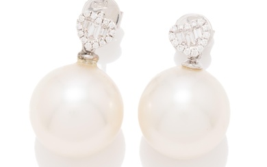 A PAIR OF 18CT WHITE GOLD SOUTH SEA PEARL AND DIAMOND STUD EARRINGS; each 12.5mm round cultured south sea pearl of white colour with...