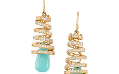 A PAIR OF 18K GOLD, TURQUOISE AND DIAMOND EARRINGS