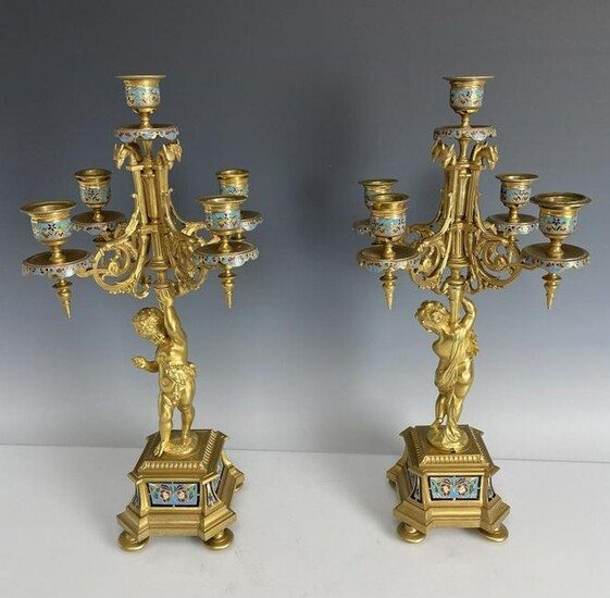 A PAIR OF 19TH C. FRENCH CHAMPLEVE ENAMEL CANDELABRA