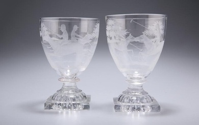 A PAIR OF 19TH CENTURY GLASS RUMMERS, each etched with