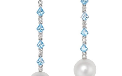 A PAIR OF BLUE TOPAZ, DIAMOND AND PEARL DROP EARRINGS each comprising a row of alternating fancy cut