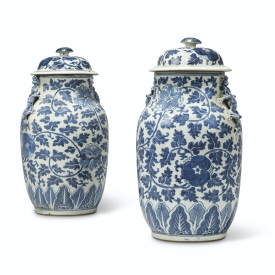 A PAIR OF CHINESE BLUE AND WHITE PORCELAIN BALUSTER VASES AND COVERS