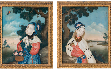 A PAIR OF CHINESE REVERSE GLASS PAINTINGS, PROBABLY 18TH CENTURY