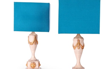 A PAIR OF CREAM PAINTED AND PARCEL GILT LAMPS IN THE NEOCLASSICAL STYLE, CIRCA 1980