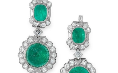 A PAIR OF EMERALD AND DIAMOND EARRINGS set with