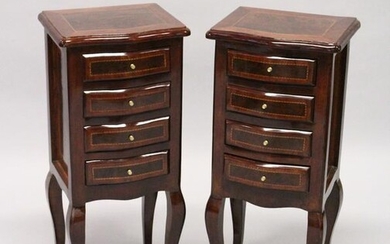 A PAIR OF FRENCH STYLE, MAHOGANY AND BURR WOOD FOUR