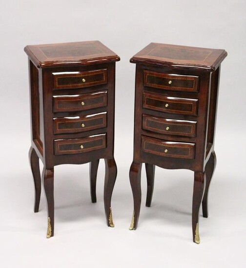 A PAIR OF FRENCH STYLE, MAHOGANY AND BURR WOOD FOUR