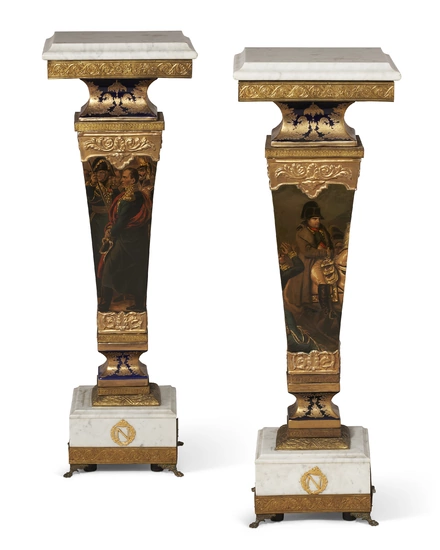 A PAIR OF GILT-METAL MOUNTED SEVRES STYLE COBALT-BLUE GROUND PEDESTALS LATE 19TH/20TH CENTURY