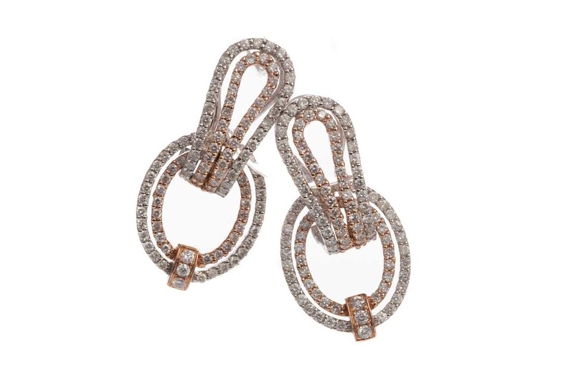 A PAIR OF ROSE AND WHITE GOLD DIAMOND EARRINGS