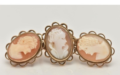 A PAIR OF SHELL CAMEO EARRINGS AND SHELL CAMEO RING, each de...