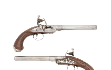 A Pair Of 20-Bore Flintlock Silver-Mounted Turn-Off Pistols By Jas....