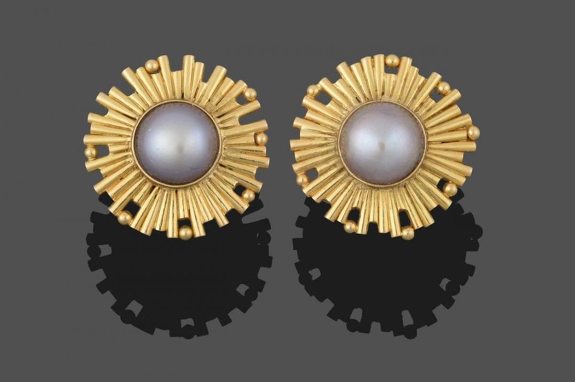 A Pair of 18 Carat Gold Mabe Pearl Earrings, the...