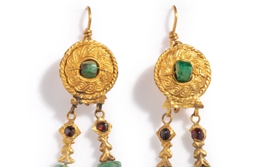A Pair of Byzantine Gold, Garnet, and Emerald Earrings