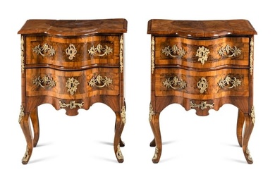 A Pair of Continental Gilt Metal Mounted Burlwood Commodes