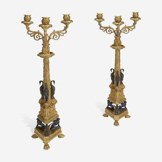 A Pair of Empire Gilt and Patinated Bronze Three-Light
