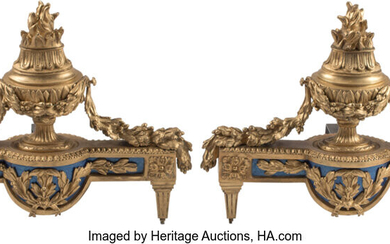 A Pair of French Regence-Style Gilt Bronze and Enamel Chenets (19th century)
