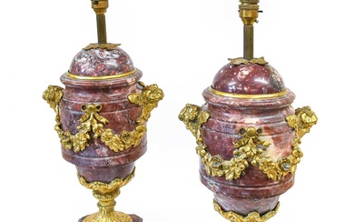 A Pair of Gilt-Metal-Mounted Rouge Marble Bases, in Louis XVI...
