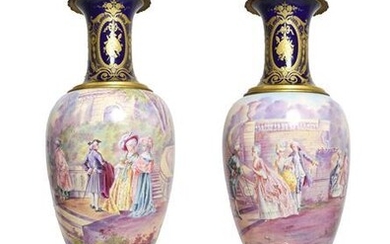 A Pair of Gilt Metal Mounted Sèvres Style Earthenware Vases...