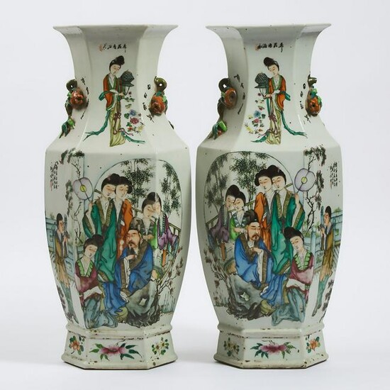 A Pair of Large Famille Rose Hexagonal Vases