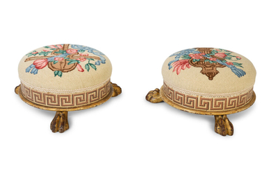 A Pair of Neoclassical Style Painted and Parcel Gilt Foot Stools