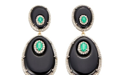 A Pair of Onyx, Emerald, and Diamond Earrings