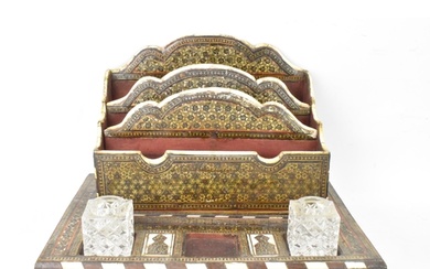 A Persian late Qajar dynasty letter rack, the profusely inla...