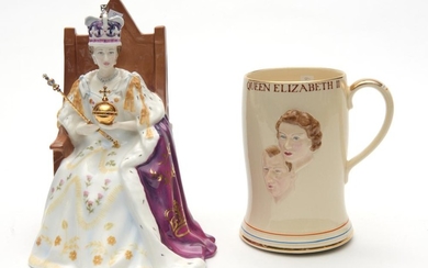 A ROYAL DOULTON QUEEN ELIZABETH FIGURINE TOGETHER WITH CUP