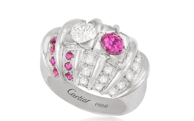 A RUBY AND DIAMOND DRESS RING, CARTIER Of domed fluted desi...