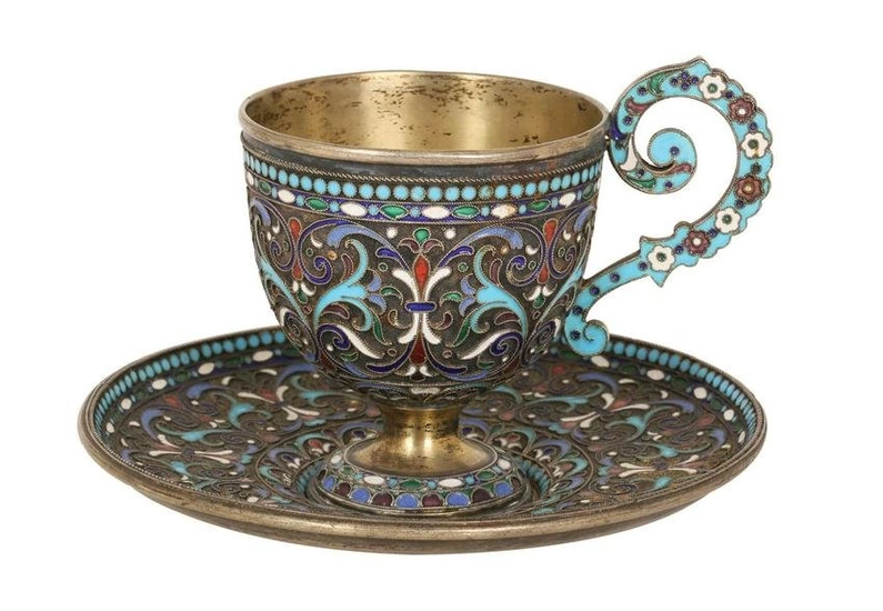 A RUSSIAN CLOISONNE ENAMEL GILT SILVER CUP AND SAUCER