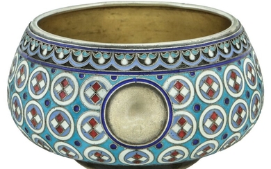 A Russian Silver and Cloisonné Enamelled Caviar Dish by Nemiroff-Kolodkin Gilded interior stamp...