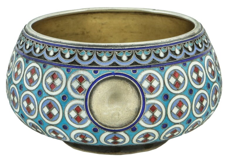 A Russian Silver and Cloisonné Enamelled Caviar Dish by Nemiroff-Kolodkin Gilded interior stamp...