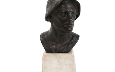 A Russian bronze scultpure depicting a man, on a marble base. Unsigned. 20th century. H. 44 cm.