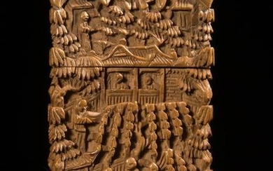 A SANDALWOOD BUSINESS CARD BOX CARVED FIGURE STORY
