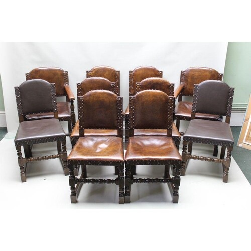 A SET OF TEN CROMWELLIAN DESIGN WOODED FRAMED CHAIRS with de...