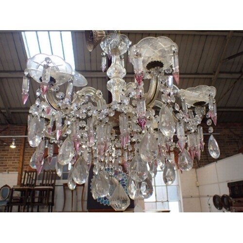 A SIX-BRANCH CHANDELIER, WITH PEAR-SHAPED PENDANT DROPS and ...
