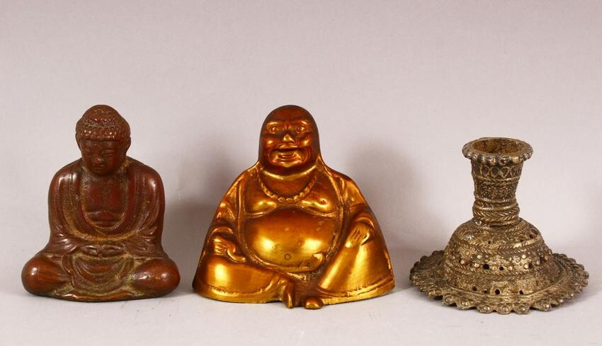 A SMALL BRONZE BUDDHA, together with two other metal