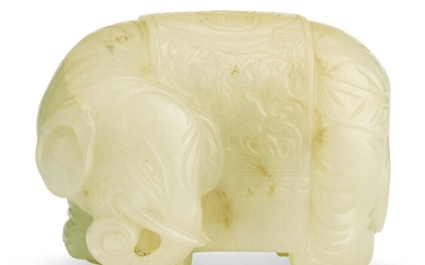 A SMALL WHITE JADE CARVING OF A CAPARISONED ELEPHANT, 18TH-19TH CENTURY