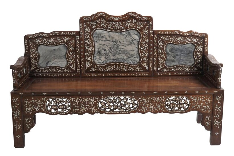 A STRAITS CHINESE MOTHER OF PEARL AND MARBLE INLAID HARDWOOD SETTEE QING DYNASTY (1644-1912), CIRCA 19TH CENTURY