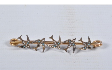 A SWALLOW BAR BROOCH, designed as five swallows set with imi...