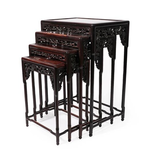 A Set of Chinese Carved Hardwood Quartetto Nesting Tables, early...