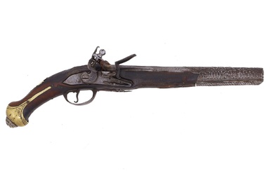 A TURKISH FLINTLOCK PISTOL WITH EMBOSSED SILVER BARREL BAND, 19TH...