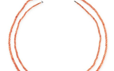 A TWO ROW CORAL BEAD NECKLACE the beads measuring