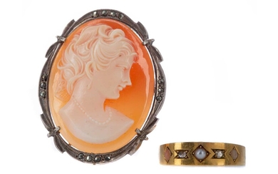 A VICTORIAN GOLD RING ALONG WITH A CAMEO BROOCH