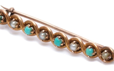 A VINTAGE PEARL AND TURQUOISE BROOCH; scrolling wire design, each loop set with a cabochon turquoise, length 35mm, wt. 2.36g.