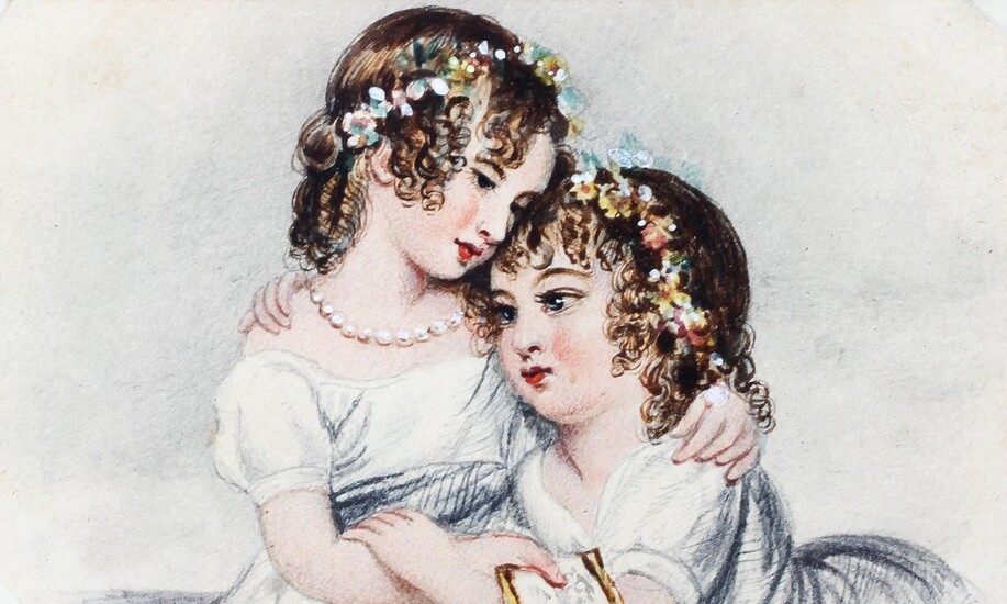 A Victorian portrait of two girls, watercolour and pencil, the two garlanded children embracing