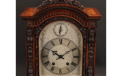 A Victorian walnut bracket clock, 15cm arched silvered dial ...