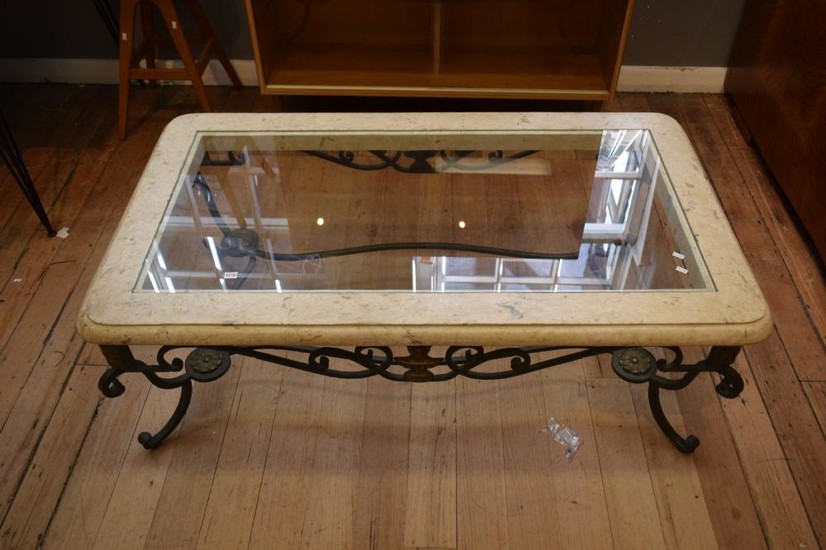 A WROUGHT IRON BASE COFFEE TABLE WITH GLAZED TOP (48H X 135W X 78D) (PLEASE NOTE THIS ITEM MUST BE REMOVED BY CLIENTS OR CARRIERS AT...