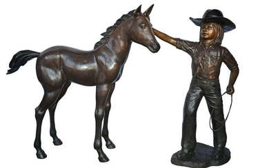A Young Cowgirl with A Young Horse Bronze Statue Size