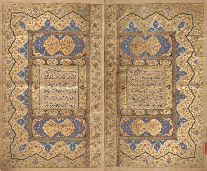 A Zand or early Qajar Qur'an, 220ff., Arabic manuscript on paper, with 18ll. of neat black naskh within gold rule per page, headers in red on gold, opening bifolium with fine gold and polychrome decoration, in fine poychrome decorated lacquered...