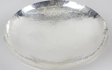 A cased modern silver dish, of circular footed form